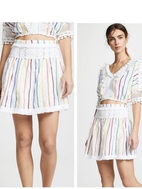 Place Nationale Rainbow White Candy Stripe Mini Skirt Lace Fringe Boho 2 S/M 4-6